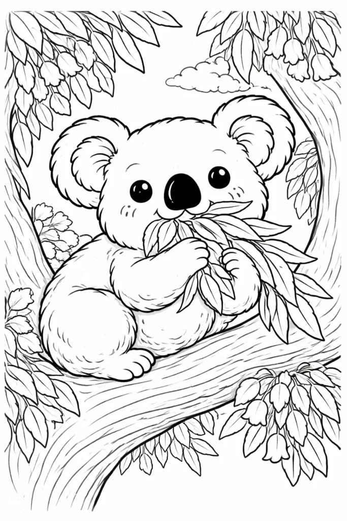 Freundliches Ausmalbild zeigt einen Koala der genüsslich frische Eukalyptusblätter isst als kostenlose Malvorlage