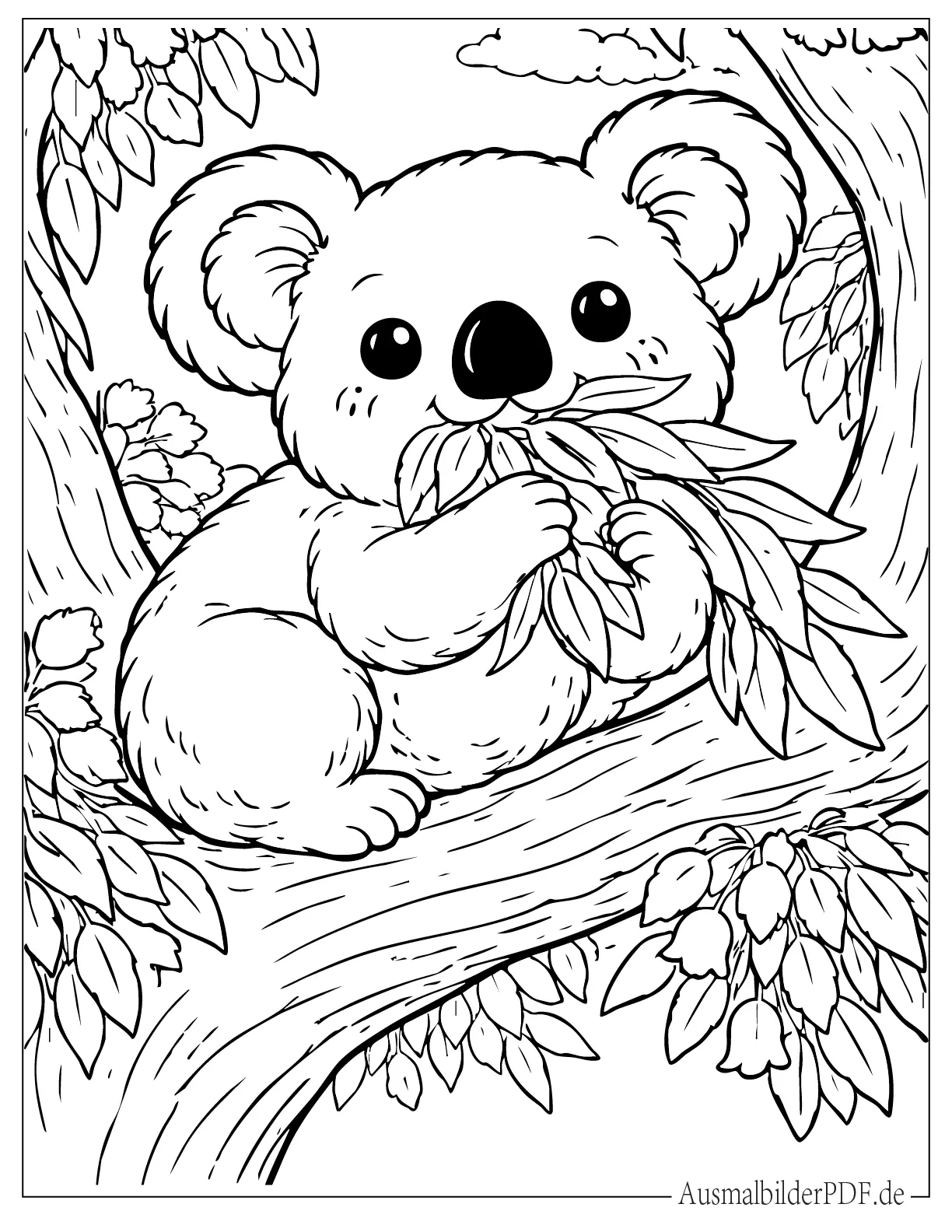 Koala frisst Blätter auf einem Baum Ausmalbild