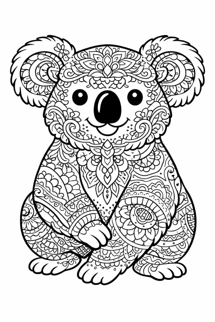 Detailliertes Koala Mandala als kreative Ausmalvorlage zum Ausdrucken für Kinder und Erwachsene kostenlos verfügbar