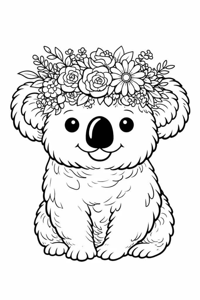 Niedliches Ausmalbild zeigt einen Koala mit einem Blumenkranz als kreative kostenlose Malvorlage zum Ausdrucken