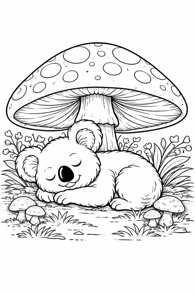 Fantasievolles Ausmalbild mit einem schlafenden Koala unter einem großen Pilz als kostenlose Vorlage zum Ausdrucken