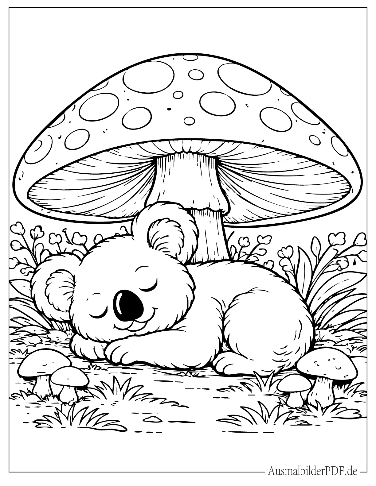 Niedliche Koala schläft unter Pilz Ausmalbild
