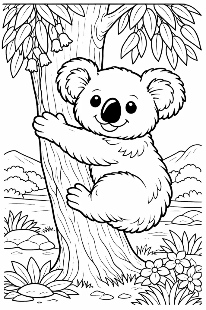 Detailliertes Koala Ausmalbild zum Ausdrucken kostenlos für Kinder zeigt ein Koala das einen Eukalyptusbaum umarmt