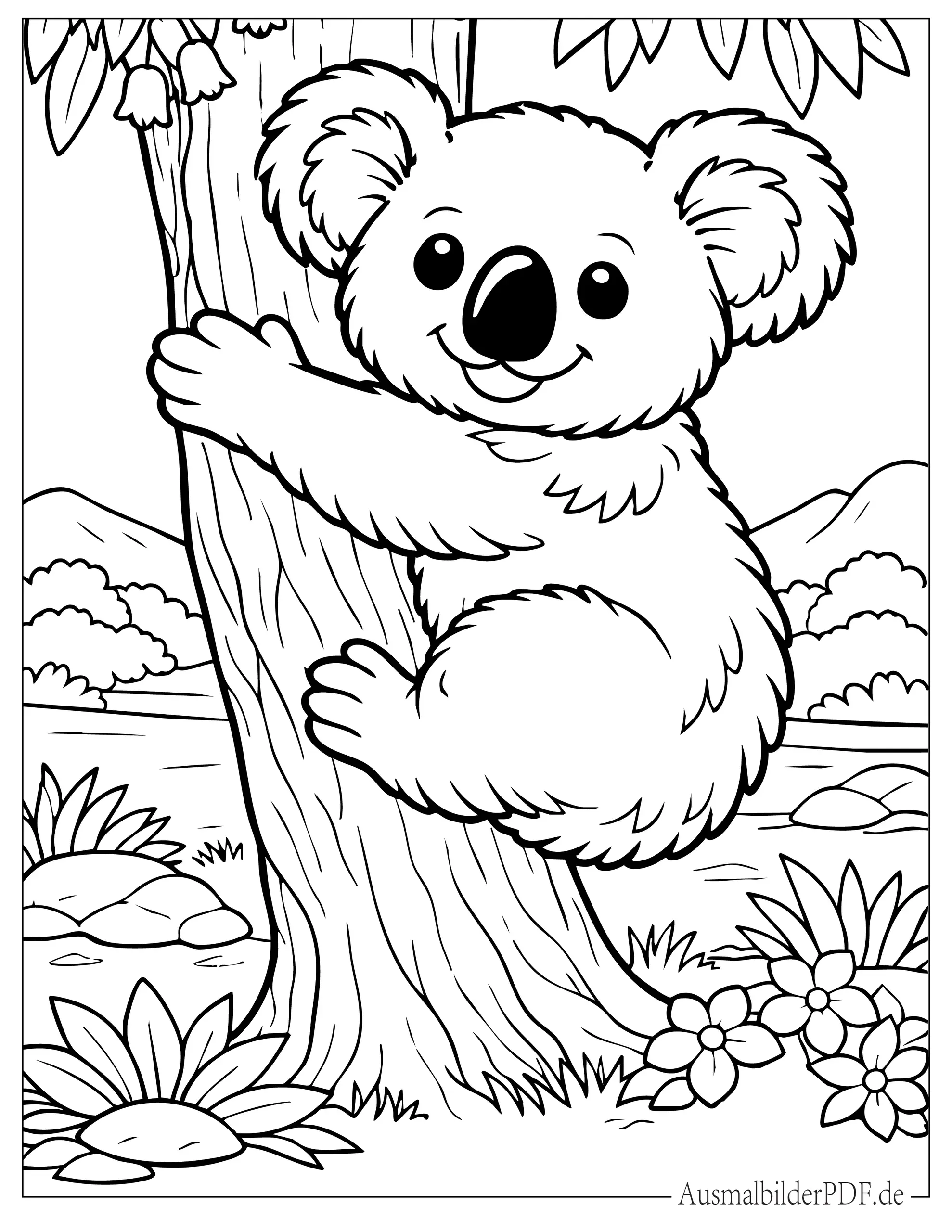 Süßer Koala klettert Baum Malvorlage