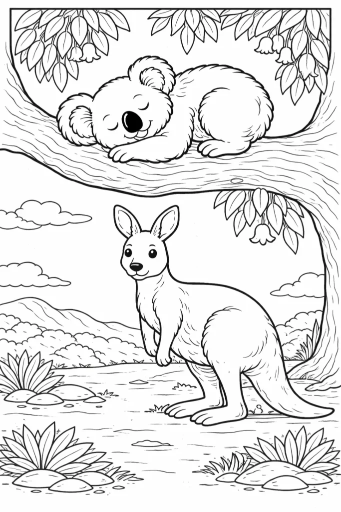 Kostenloses Ausmalbild mit einem Koala im Baum und einem Känguru darunter als druckbare Malvorlage für Kinder