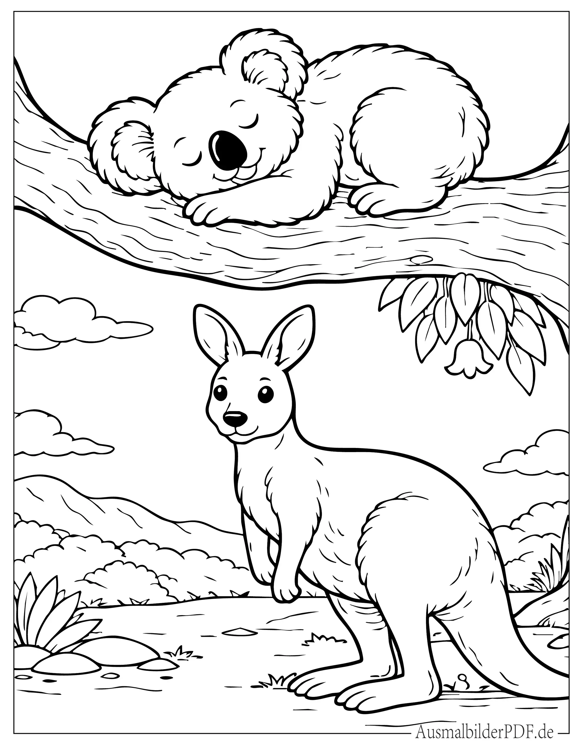 Koala schläft auf Ast mit Känguru darunter Ausmalbild