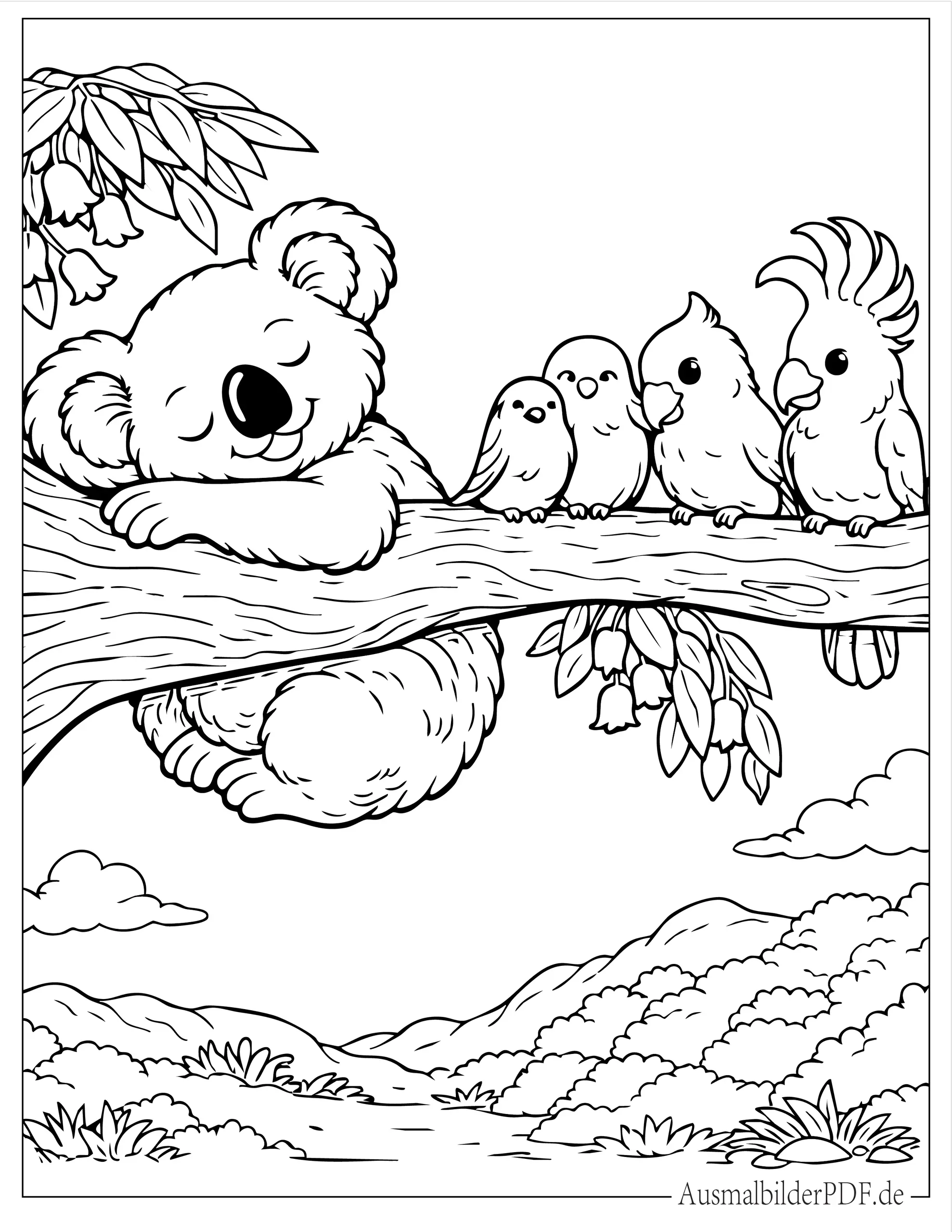 Koala und Vogel Freunde auf Ast Malvorlage