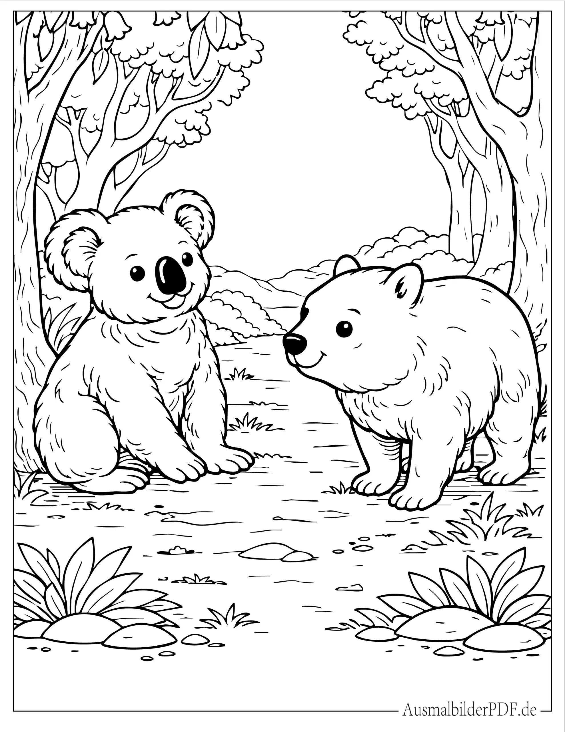 Koala und Wombat sitzen in der Wildnis zum Ausmalen
