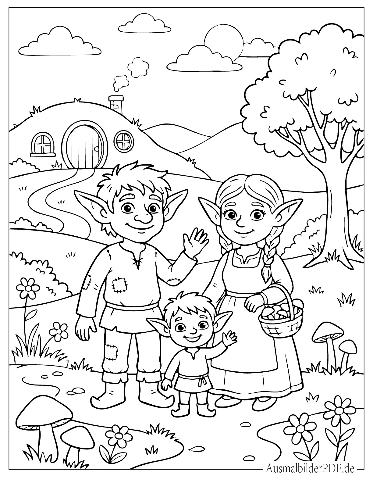 Kobold Familie winkt Malvorlage zum Ausdrucken