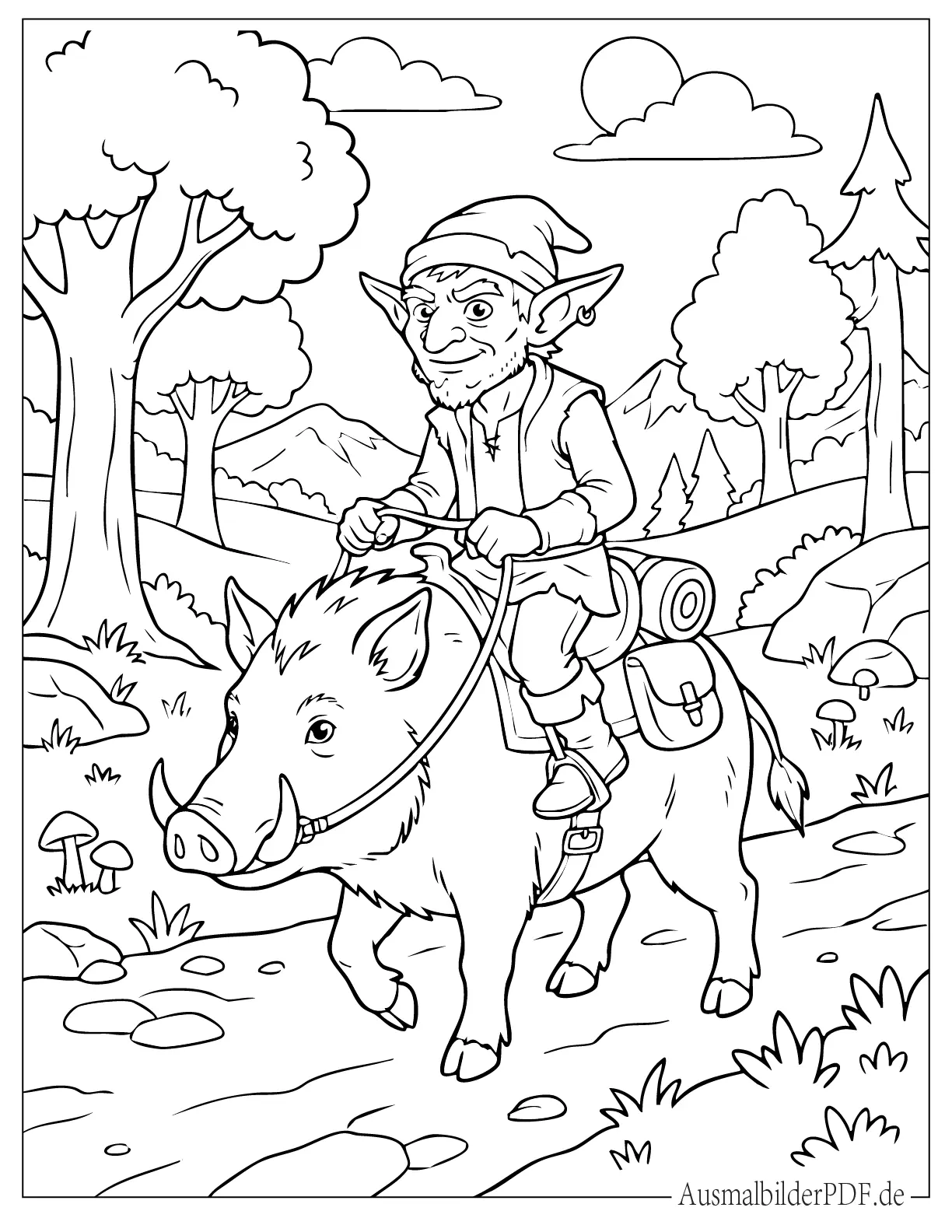 Kobold reitet auf einem Wildschwein auf einem Waldweg Ausmalbild