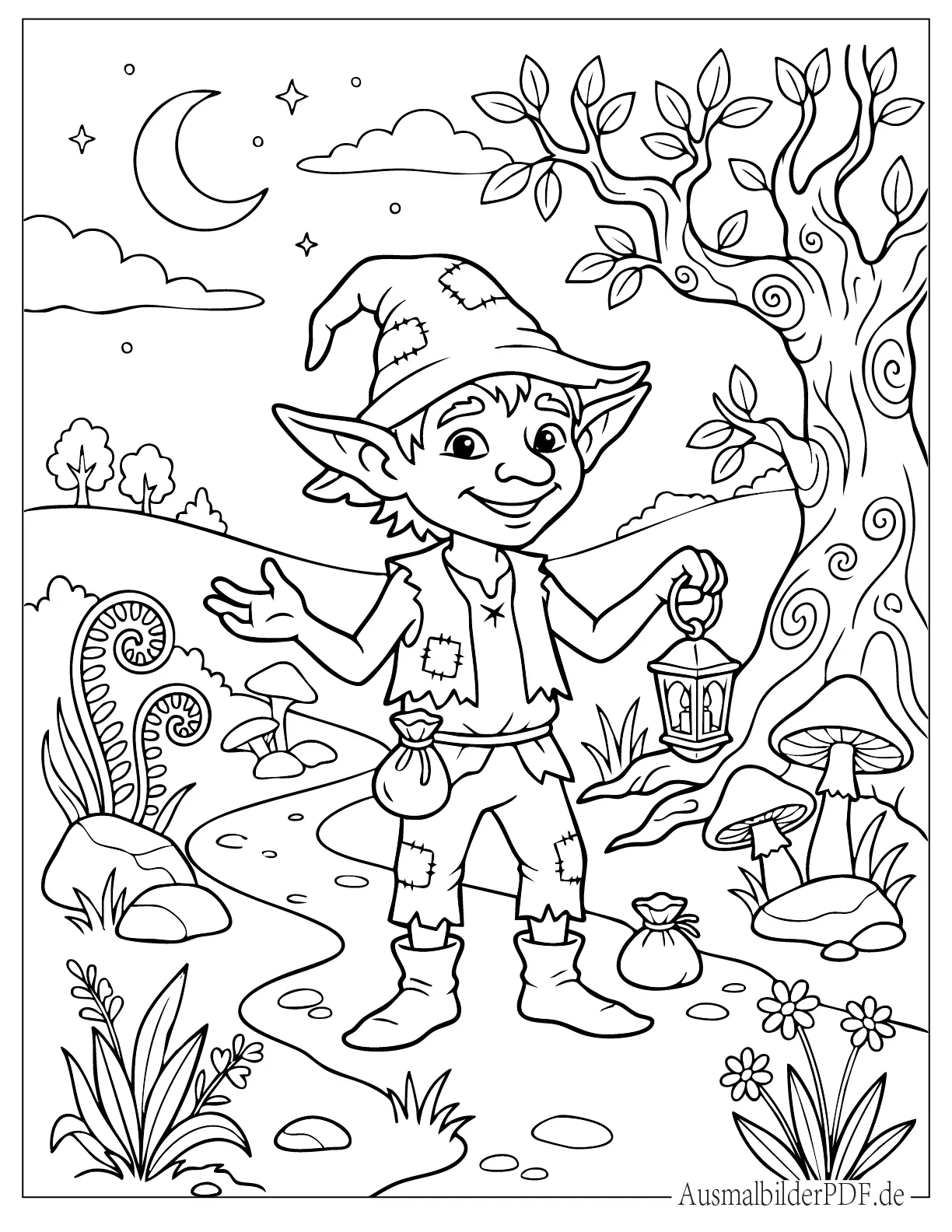 Kobold mit Zaubererhut in einem magischen Wald Malvorlage