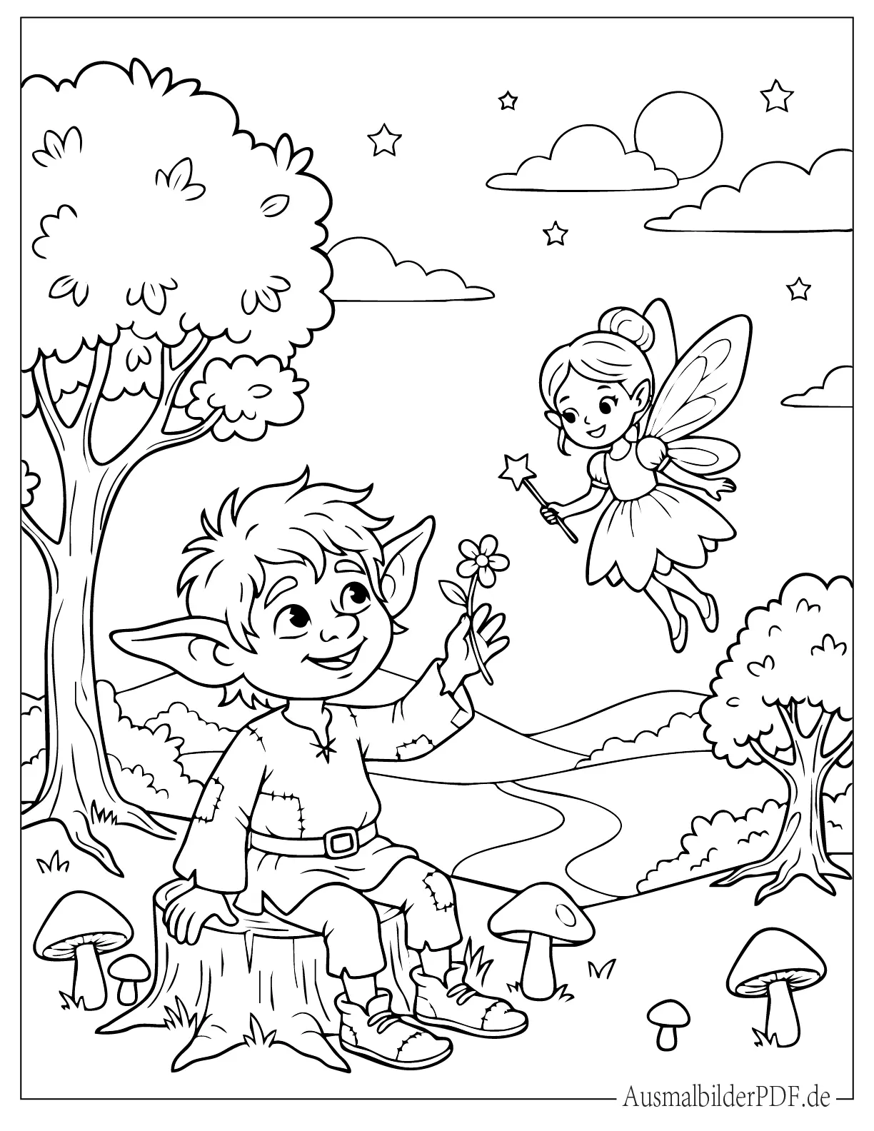 Kobold und Fee Ausmalvorlage für Kinder