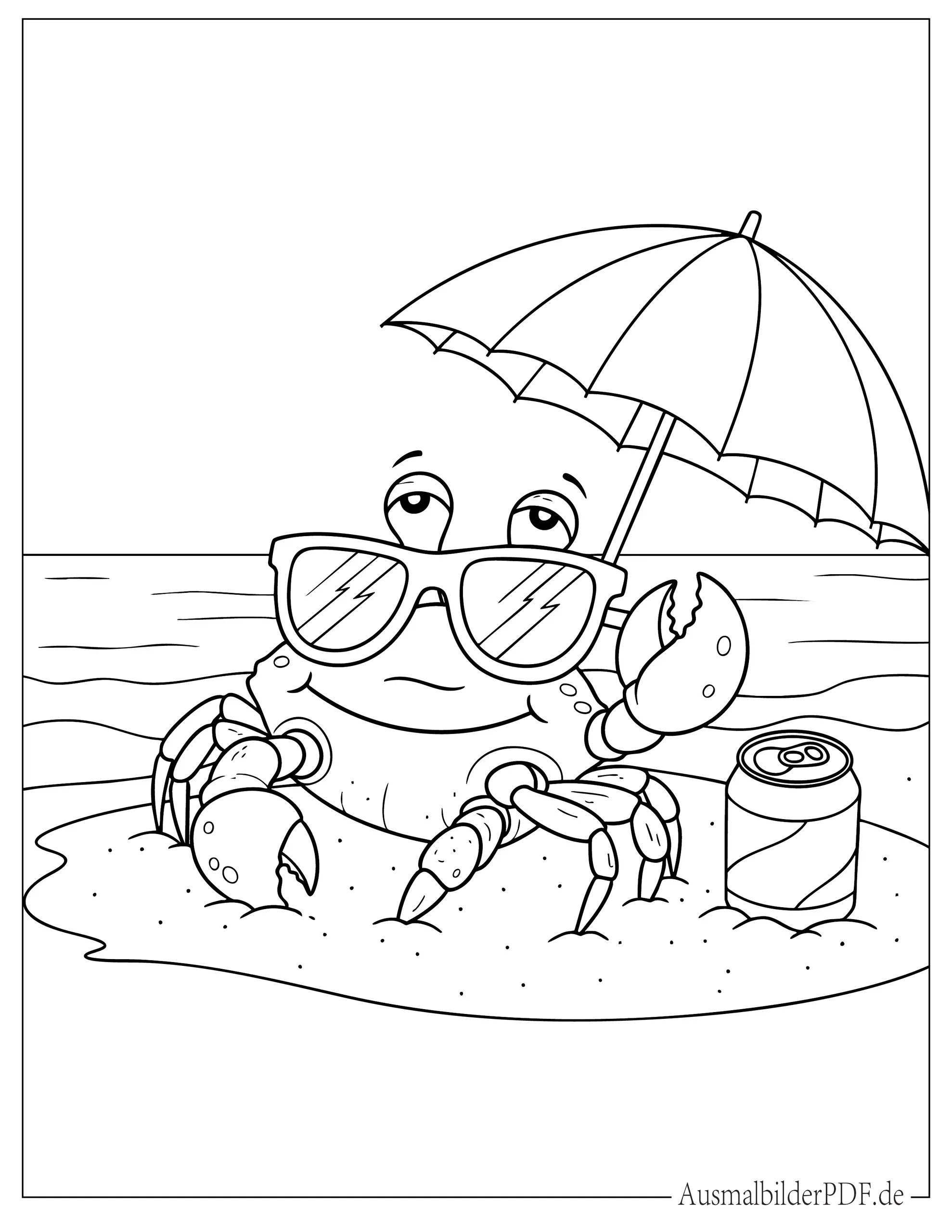 16 Strand Ausmalbilder (Gratis Malvorlagen zum Ausdrucken) Krabbe mit Sonnenbrille genießt am Strand Malvorlage