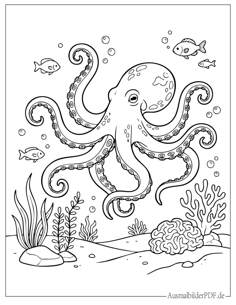 Krake Ausmalbild für Kinder zum Ausdrucken, ideal als Malvorlage zum Ausdrucken und Ausmalen