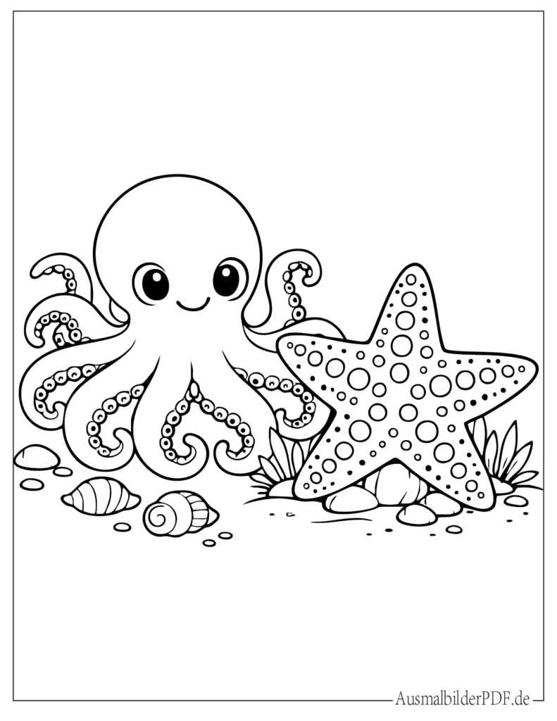 Malvorlage mit einer Krake und einem Seestern für Kinder, perfekt zum Ausmalen und Drucken