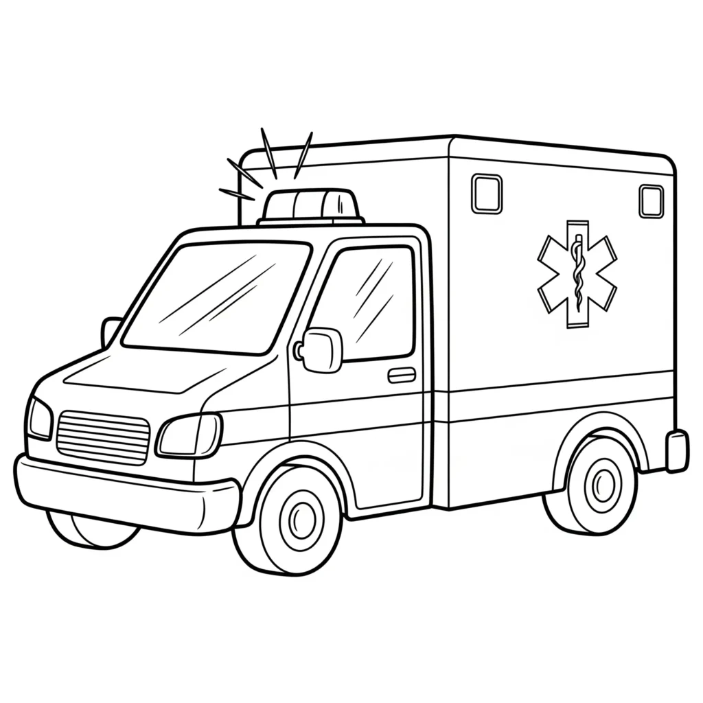 Krankenwagen Ausmalbilder (Gratis Malvorlage Ausdrucken) Ausmalbild eines Krankenwagens mit Blaulicht, perfekt für Kinder zum kostenlosen Ausdrucken und Ausmalen zuhause oder im Kindergarten.