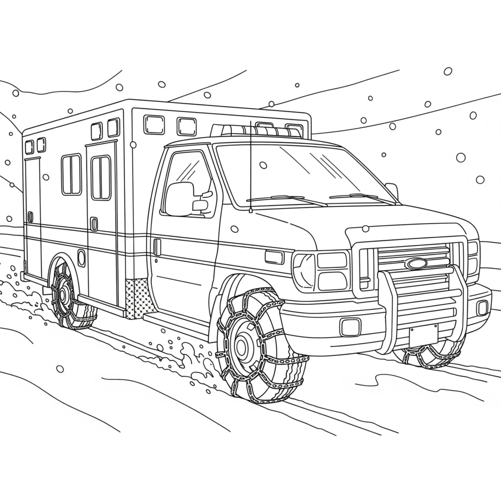 Krankenwagen Ausmalbilder (Gratis Malvorlage Ausdrucken) Ausmalbild eines Krankenwagens, der durch eine verschneite Winterlandschaft fährt. Perfekt zum Ausdrucken und Ausmalen für Kinder.