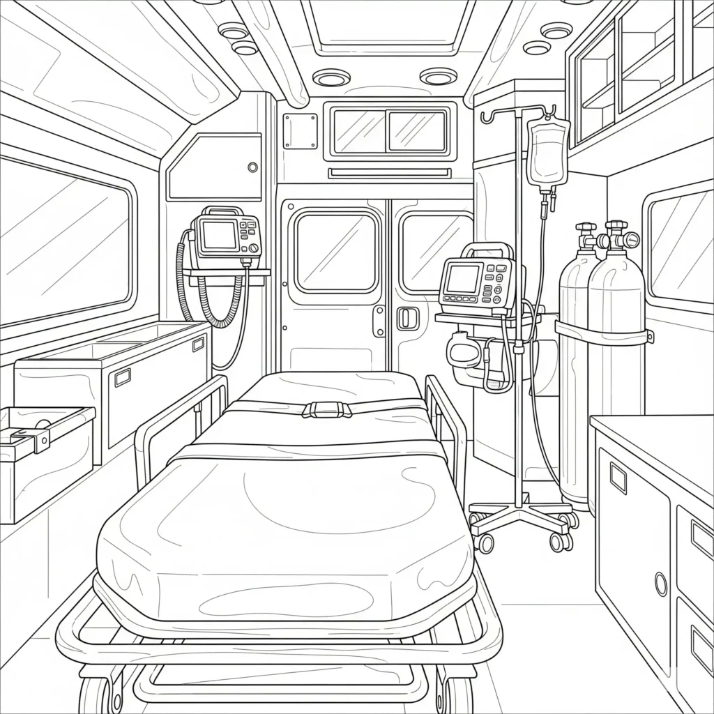 Krankenwagen Ausmalbilder (Gratis Malvorlage Ausdrucken) Ausmalbild mit Innenansicht eines Krankenwagens, das wichtige medizinische Ausrüstung zeigt. Ideal zum Ausdrucken für Kinder.