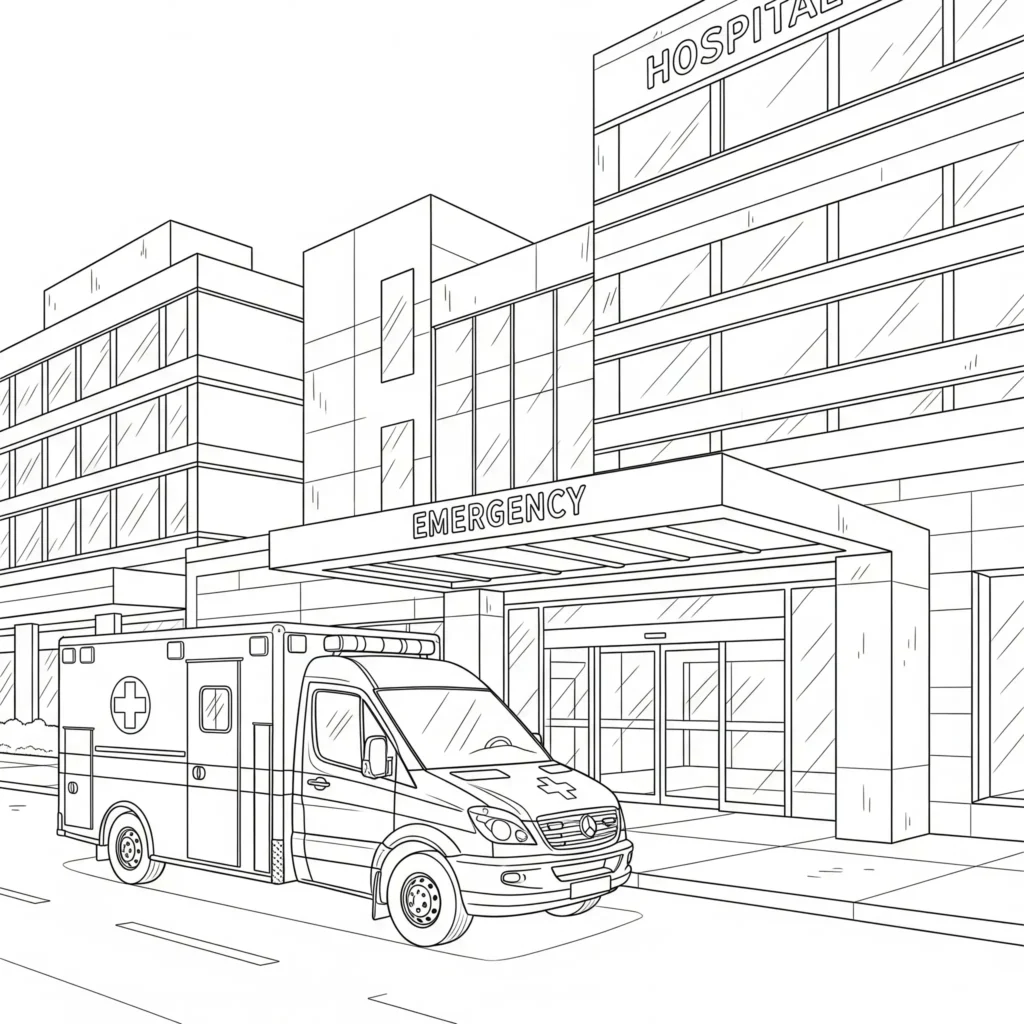 Krankenwagen Ausmalbilder (Gratis Malvorlage Ausdrucken) Ausmalbild eines Krankenwagens, der vor dem Eingang eines Krankenhauses hält. Ideal für Kinder zum Ausdrucken und Ausmalen.