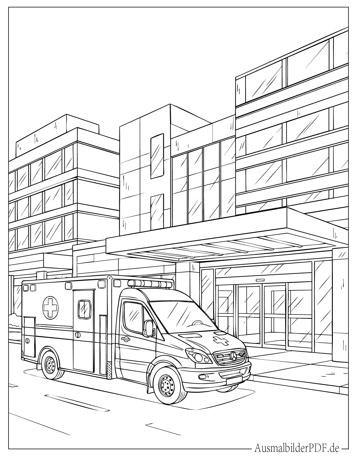 Realistischer Krankenwagen am Krankenhauseingang Ausmalbild