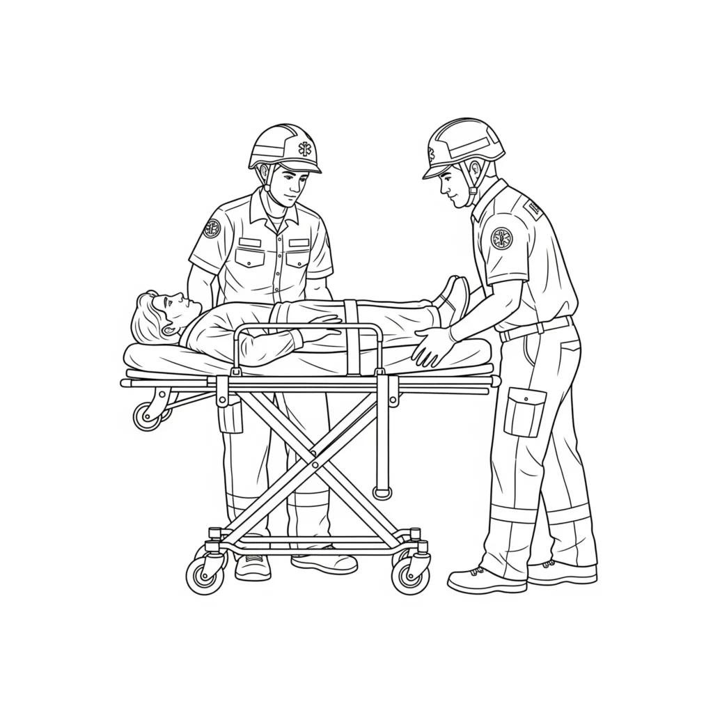 Krankenwagen Ausmalbilder (Gratis Malvorlage Ausdrucken) Ausmalbild mit Krankenwagen und Sanitätern, die einem Patienten helfen. Ideal zum Ausdrucken für Kinder, die Rettungsszenen mögen.