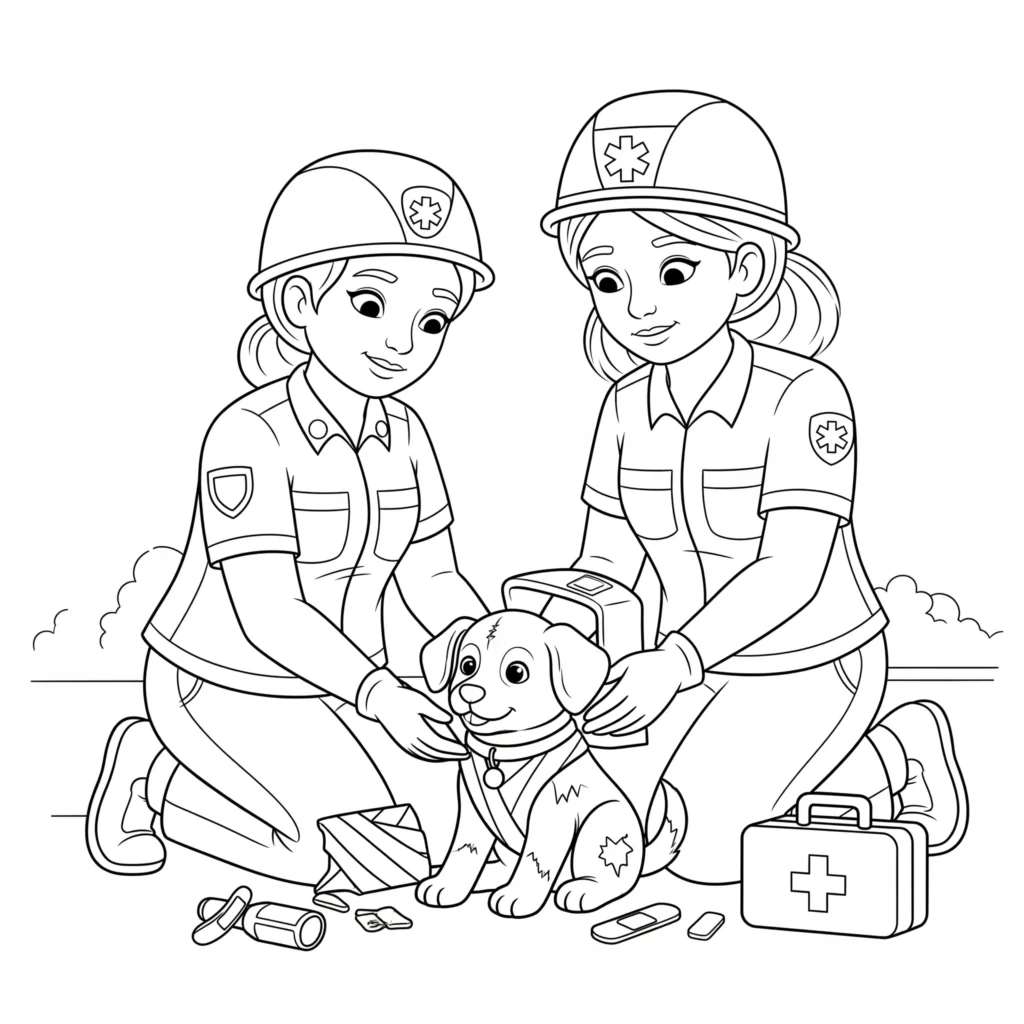 Krankenwagen Ausmalbilder (Gratis Malvorlage Ausdrucken) Ausmalbild zeigt ein Krankenwagen-Team, das einen kleinen Welpen rettet. Perfekt zum Ausdrucken und Ausmalen für Kinder mit Tierliebe.