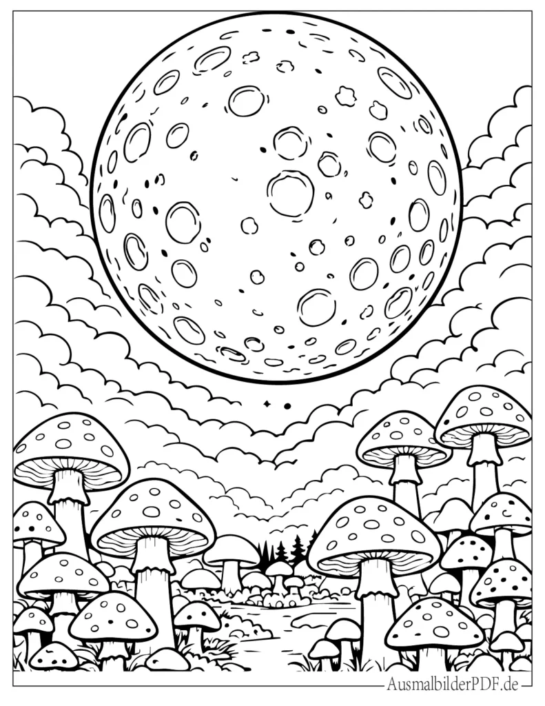Fantasie Ausmalbild mit großem Kratermond über Pilzwald, detailreiche Malvorlage für Erwachsene zum Ausdrucken