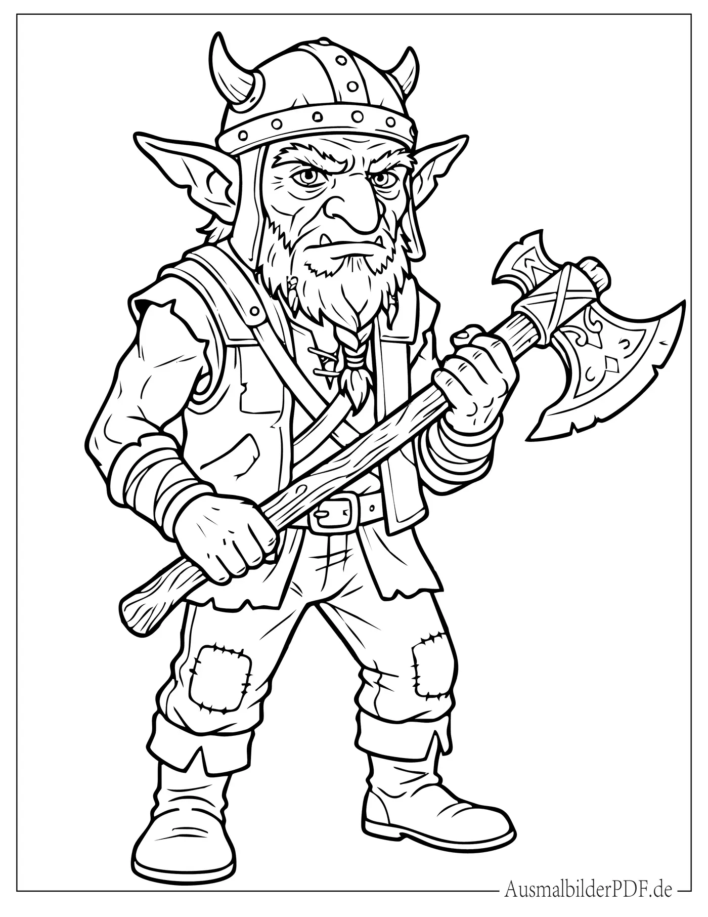 Mythischer Krieger Kobold mit einer Axt Ausmalbild