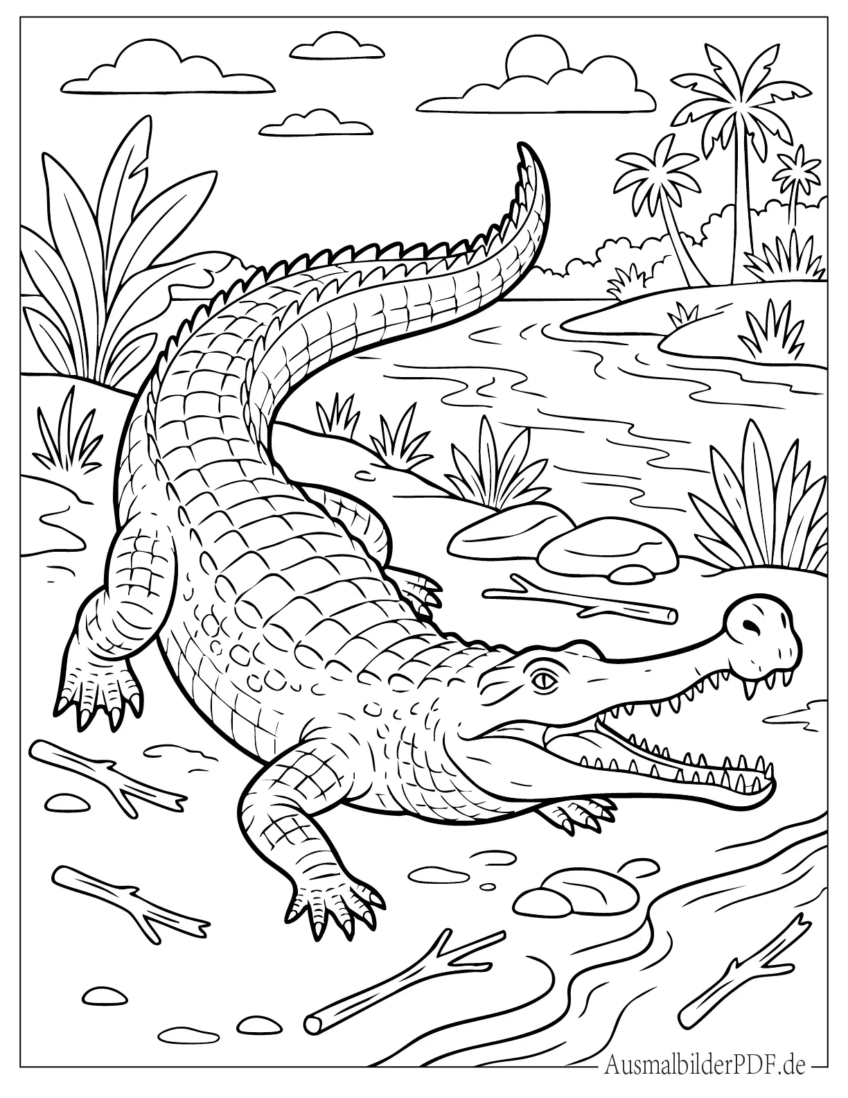 Knurrendes Krokodil in der Nähe eines Flusses Ausmalbild