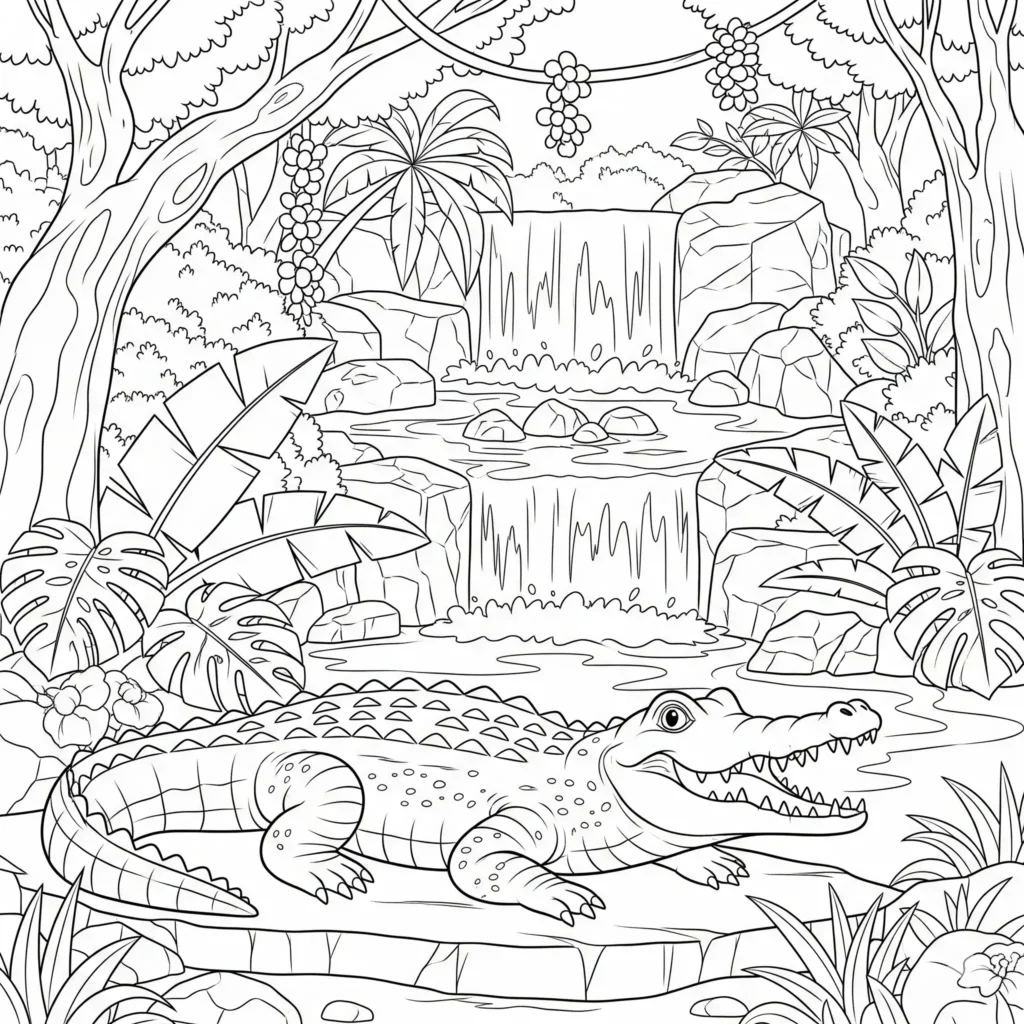 20 Dschungel Ausmalbilder (Gratis Malvorlage zum Ausdrucken) Malvorlage mit einem Krokodil am Wasserfall im Dschungel, zum kostenlosen Ausdrucken für Kinder und Erwachsene