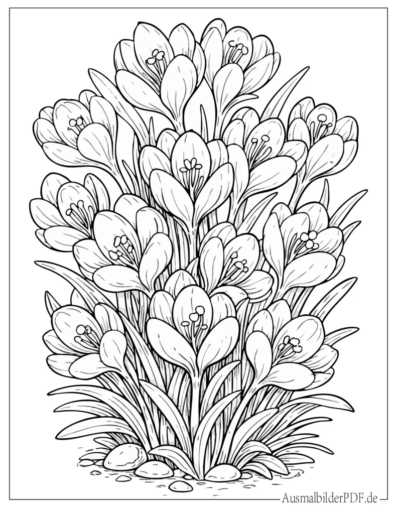 Ausmalbild eines blühenden Krokus im Frühling, perfekt zum Ausdrucken und Ausmalen für Kinder