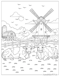 Kühe vor Windmühle Ausmalbild