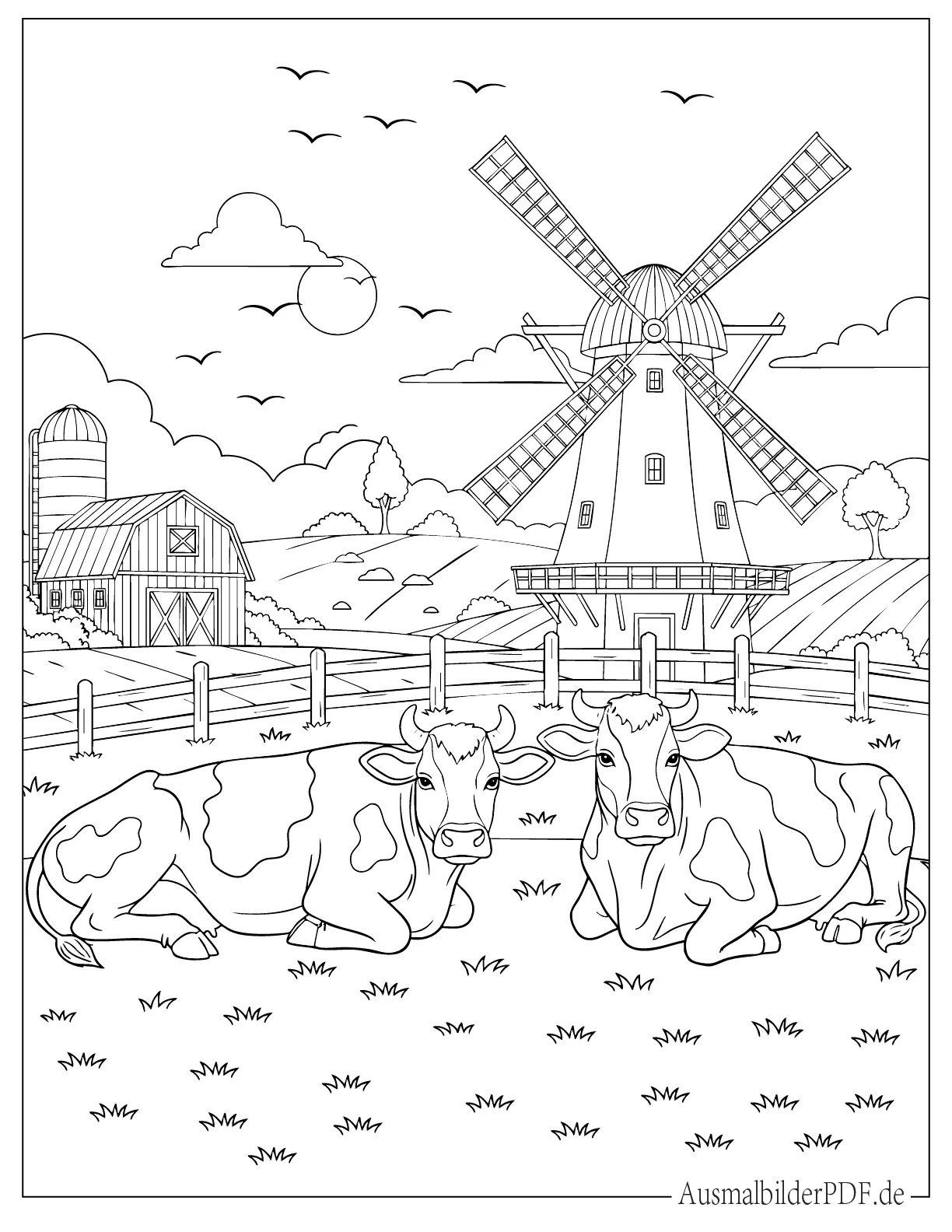 30+ Bauernhof Ausmalbilder (Gratis Malvorlagen zum Drucken) Zwei Kühe ruhen vor hoher Bauernhof Windmühle Ausmalbild