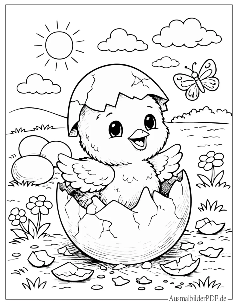 Ausmalbild eines Küken, das aus dem Ei schlüpft, perfekt für Kinder zum Ausdrucken und kreativen Ausmalspaß zuhause.
