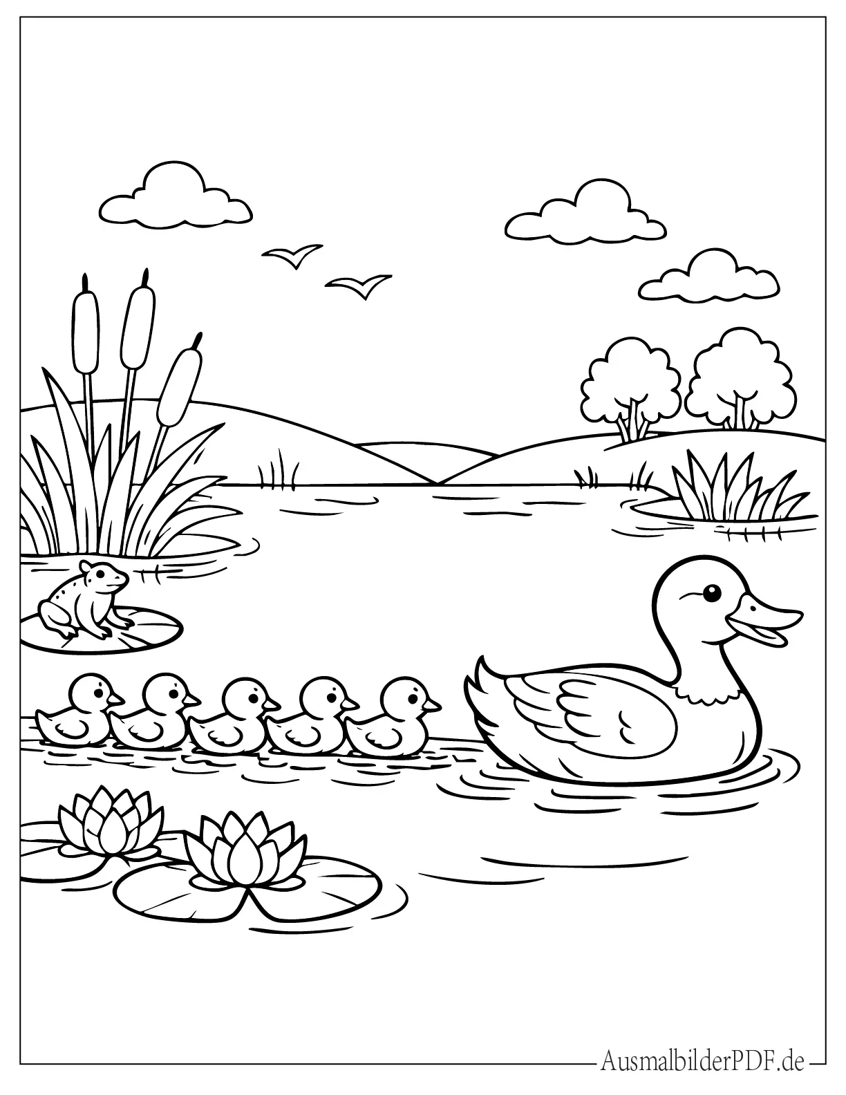 Entenküken folgen Ente im Teich Ausmalbild