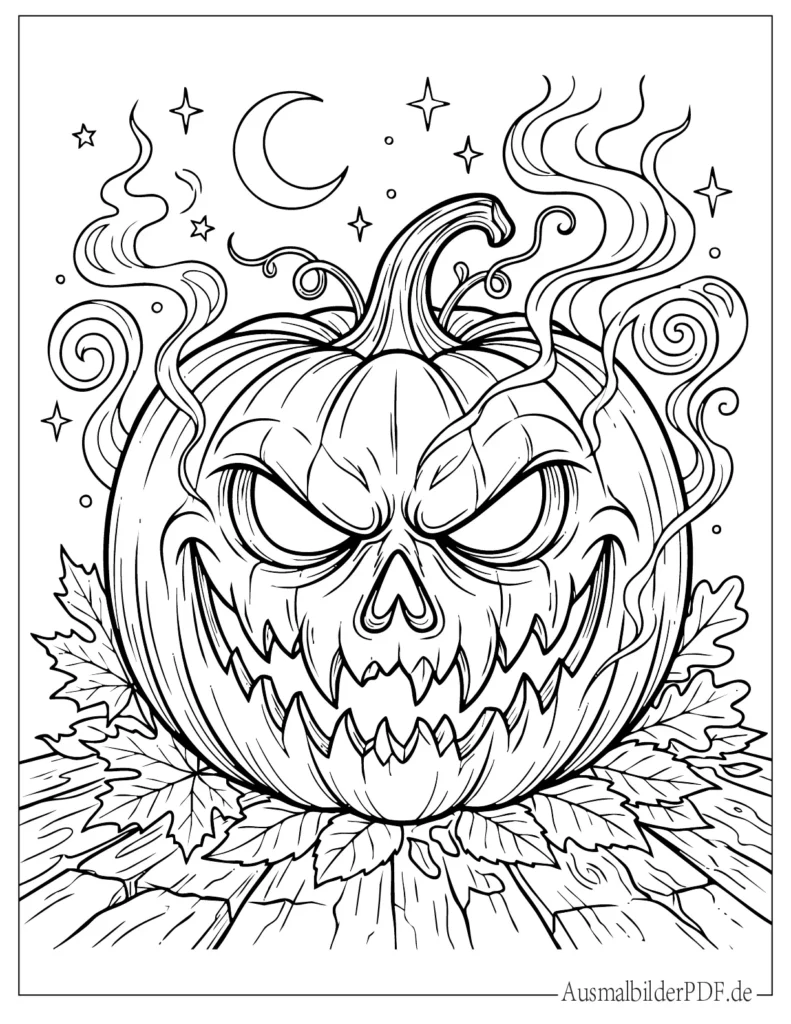 Gruseliger Kürbis mit geschnitztem Gesicht als Malbild, geeignet für Kinder und perfekt für Halloween zum kreativen Ausmalen