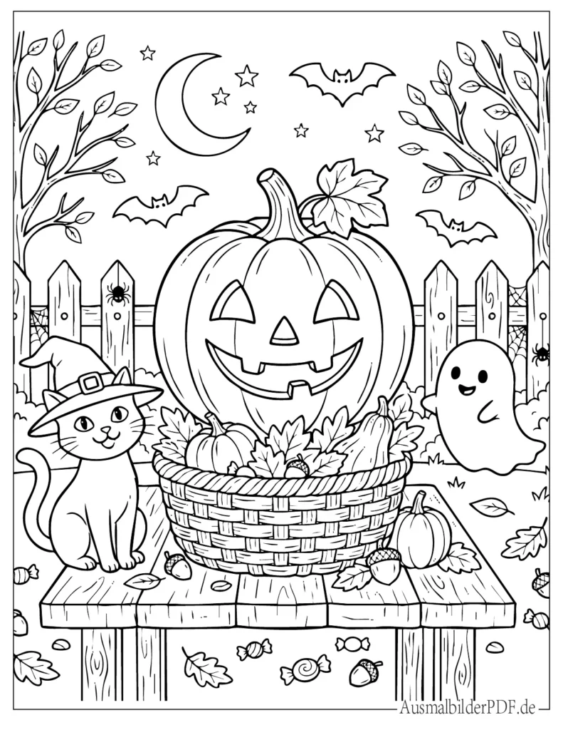Niedliches Halloween Ausmalbild mit Kürbis, Katze und Geist, perfekt für Kinder zum Ausdrucken und kreativen Ausmalen