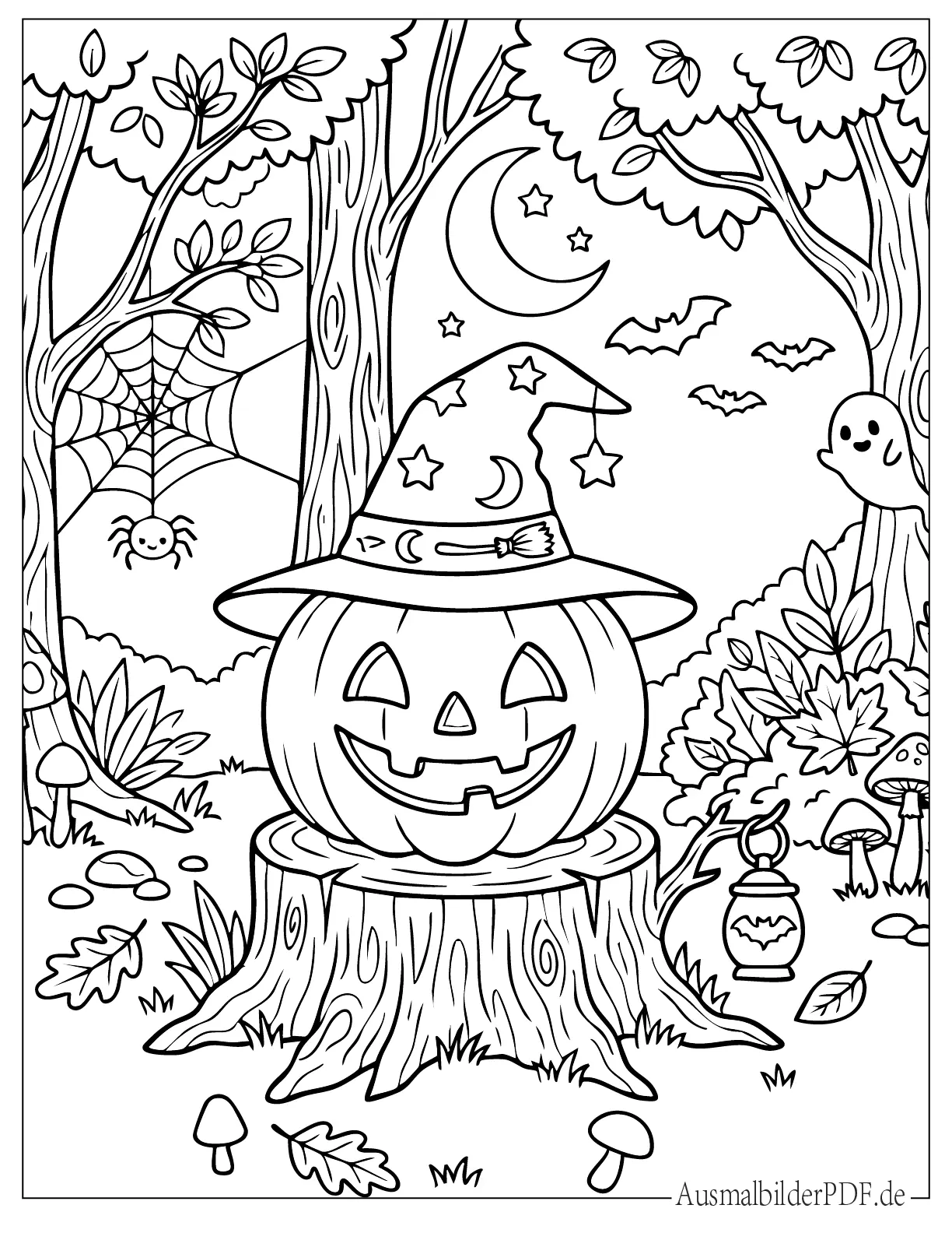 Halloween Kürbis Malvorlage mit Hexenhut