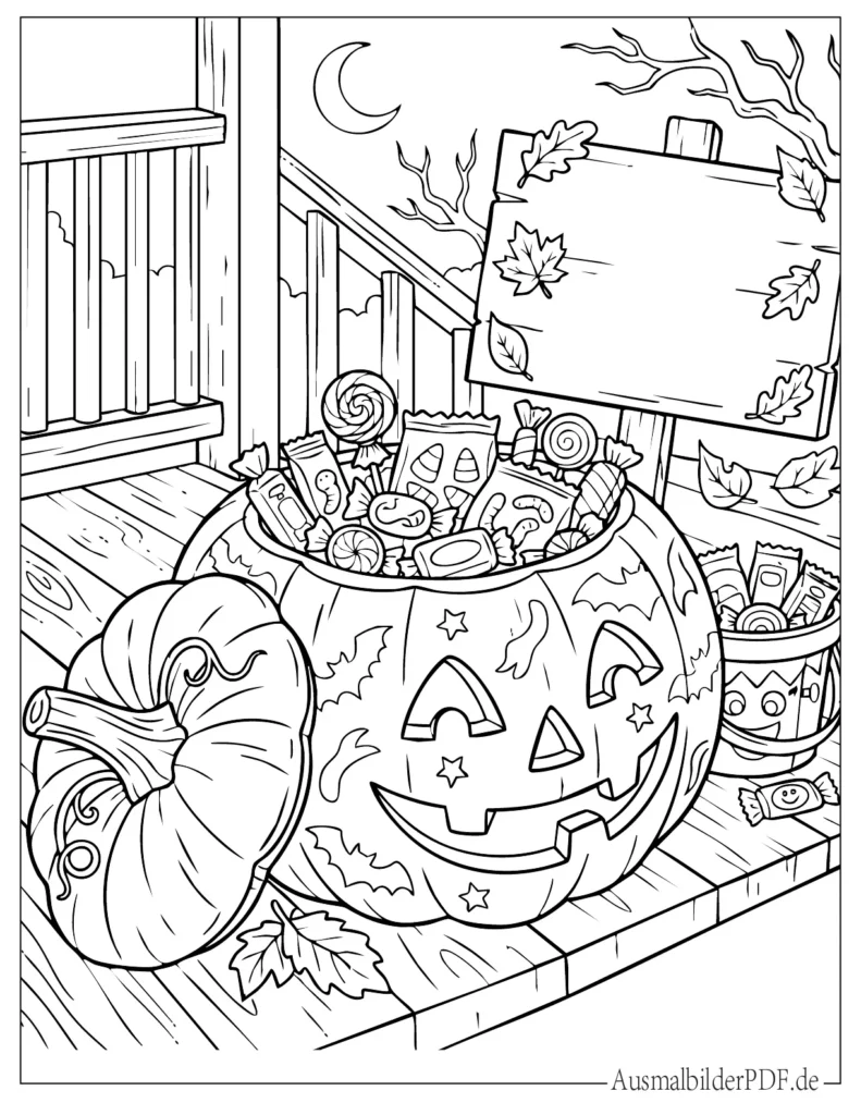Kürbis gefüllt mit Halloween Süßigkeiten als Malbild, perfekt für Kinder zum Ausdrucken und bunt Ausmalen