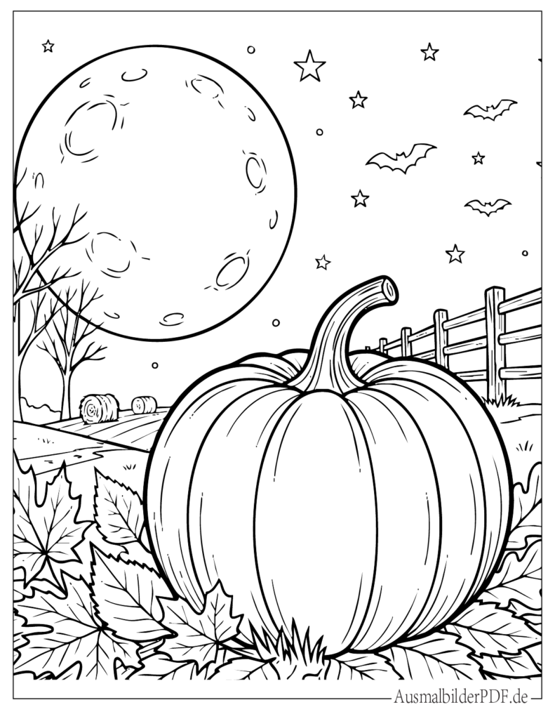 Kürbis unter einem großen Vollmond als Ausmalbild, stimmungsvolle Szene für Kinder und Erwachsene zum kreativen Gestalten