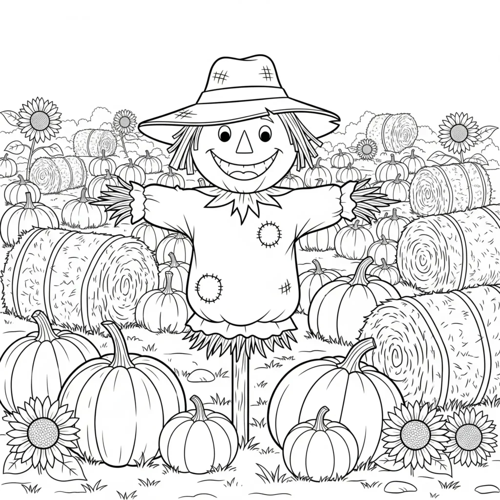 20+ Herbst Ausmalbilder (Kostenlos Malvorlage zum Ausdrucken) Ein friedliches Kürbisfeld im Herbst mit großen Kürbissen, fallenden Blättern und sanftem Sonnenlicht. Ein schönes Motiv zum Ausmalen für Kinder und Erwachsene.