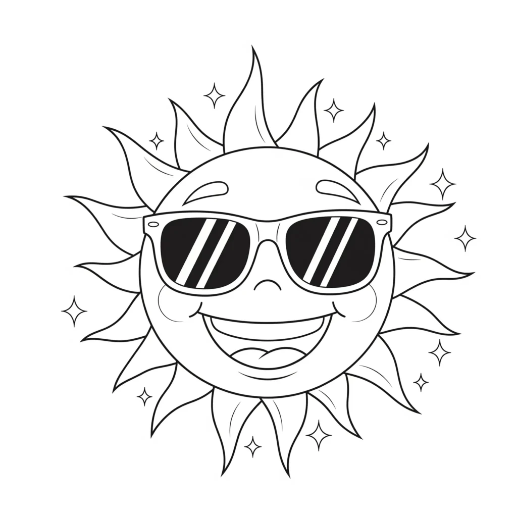 Einfaches Ausmalbild einer lachenden Sonne mit fröhlichem Gesichtsausdruck, ideal für Kinder zum Ausdrucken als PDF