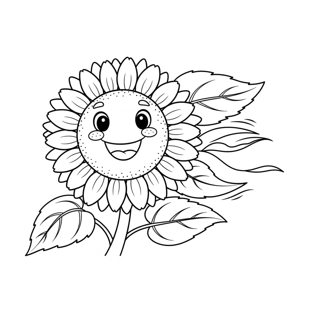 Lachende Sonnenblume Ausmalbild mit großen Blütenblättern zum Ausdrucken und Ausmalen für Kinder und Erwachsene