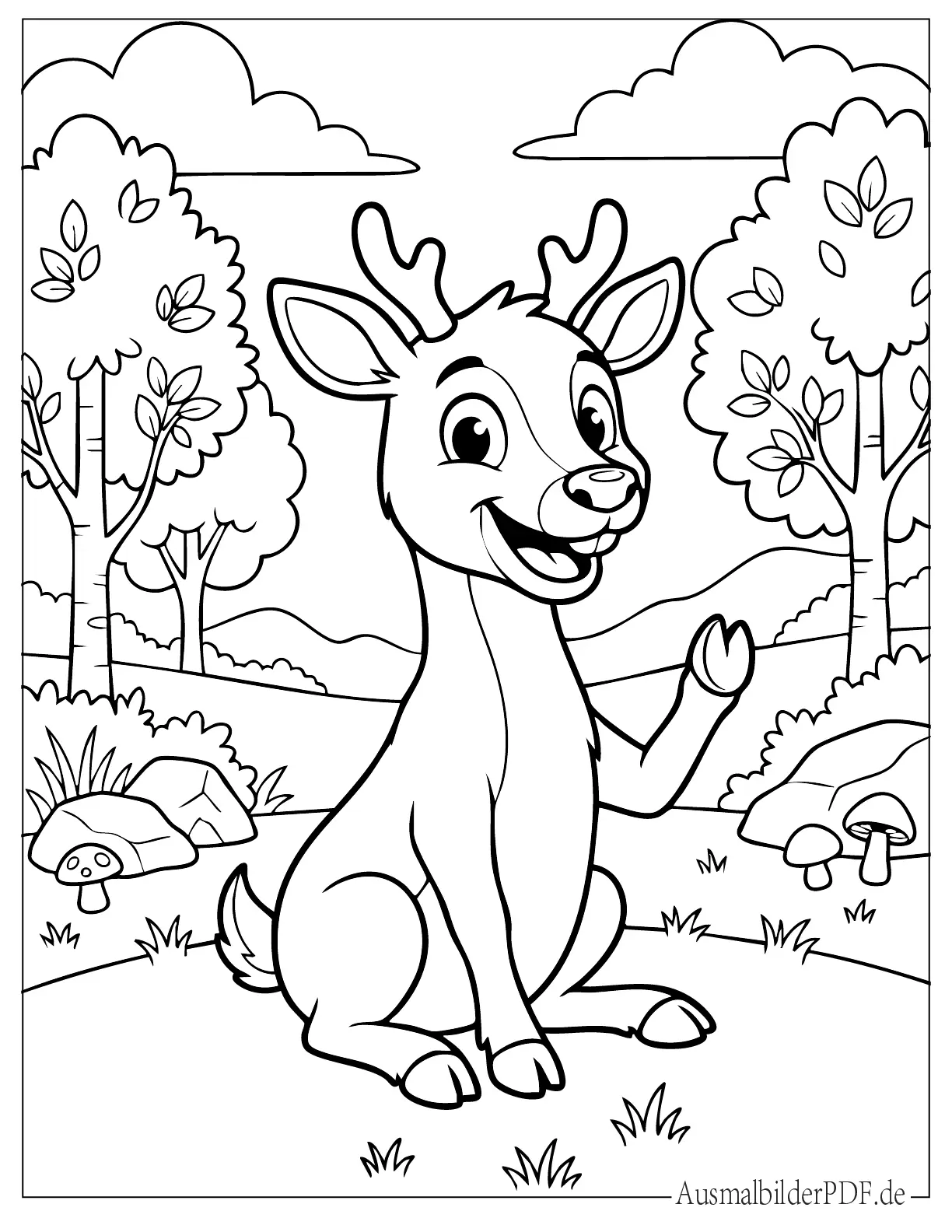 Ausmalbild eines fröhlichen Cartoon Rehs, das lächelt, perfekt für Kinder zum Ausdrucken und Ausmalen