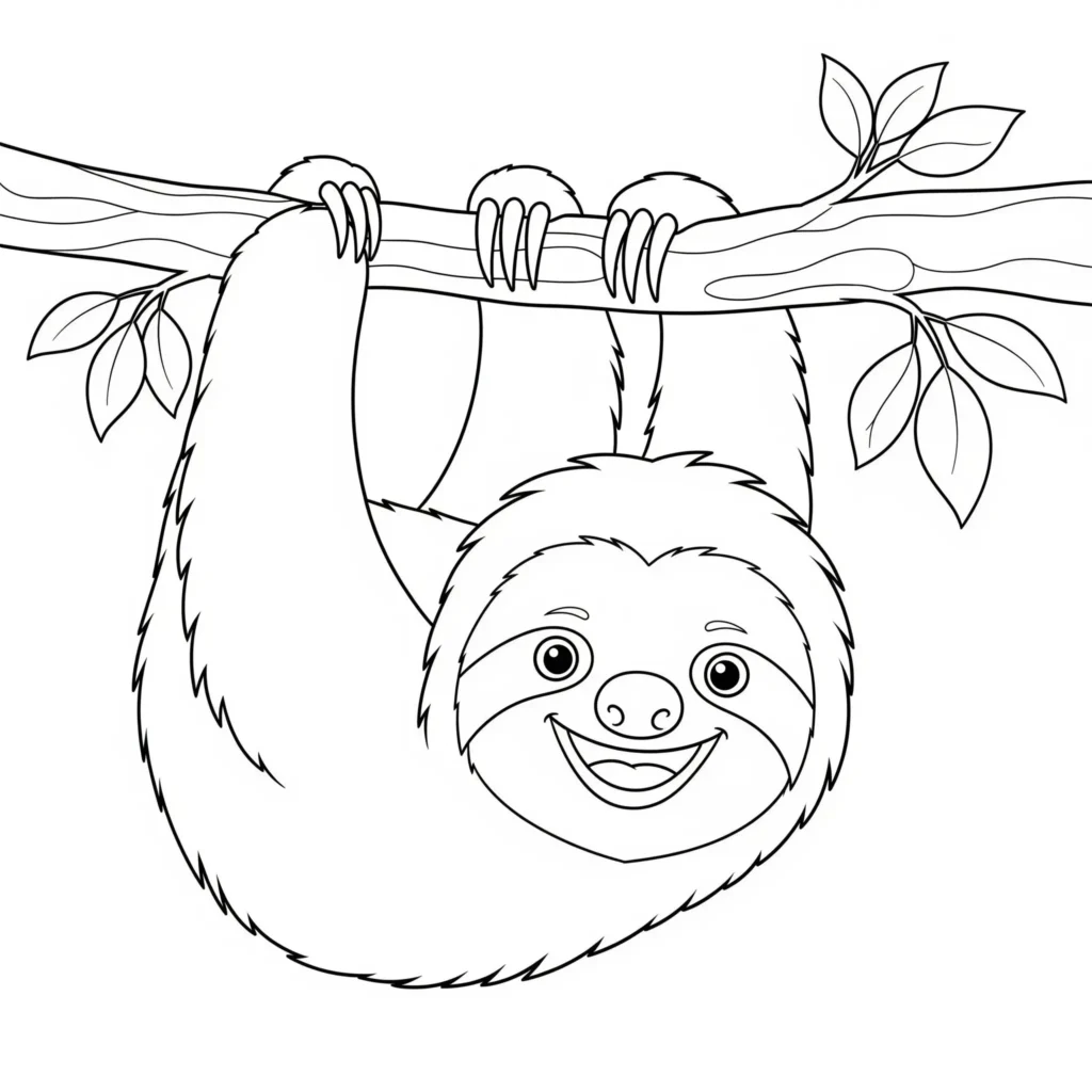Faultier Malvorlage zum Ausdrucken kostenlos. Ein fröhliches Faultier hängt entspannt an einem Ast – ideal als Faultier Malvorlage für Kinder.