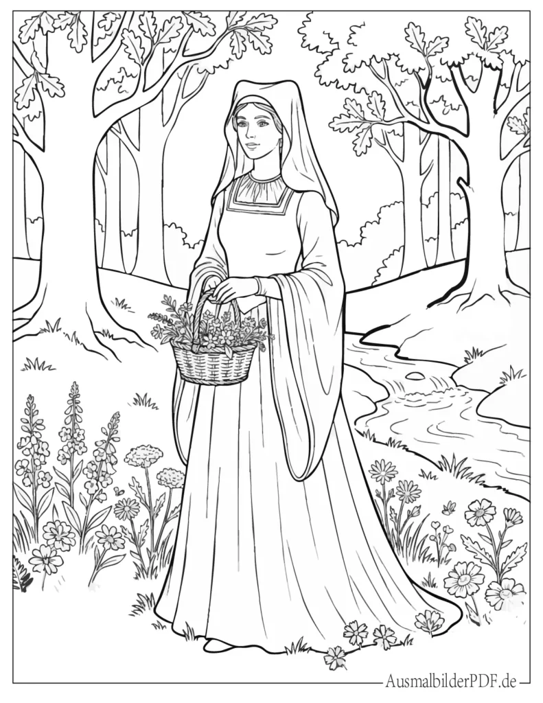 Schönes Lady Marian ausmalbild als Ausmalblatt im mittelalterlichen Stil, ideal für Kinder und Erwachsene zum Ausdrucken