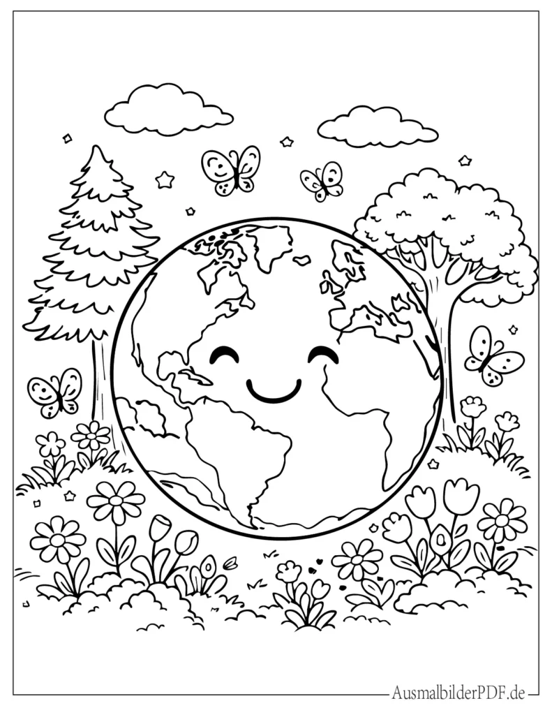 Niedliche lächelnde Erde umgeben von Bäumen, Blumen und Schmetterlingen als einfache Vorlage zum Ausmalen für Kinder
