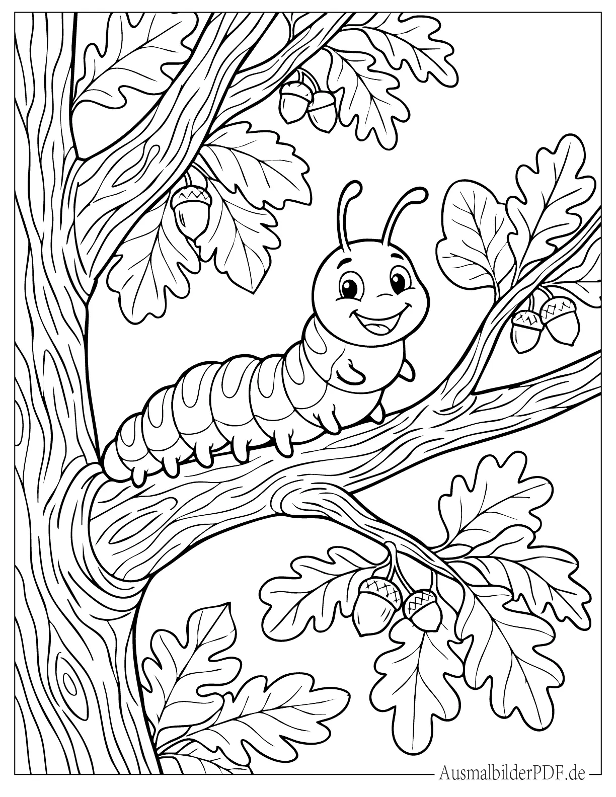 Lächelnde Raupe auf einem Baum Ausmalbild zum Ausdrucken