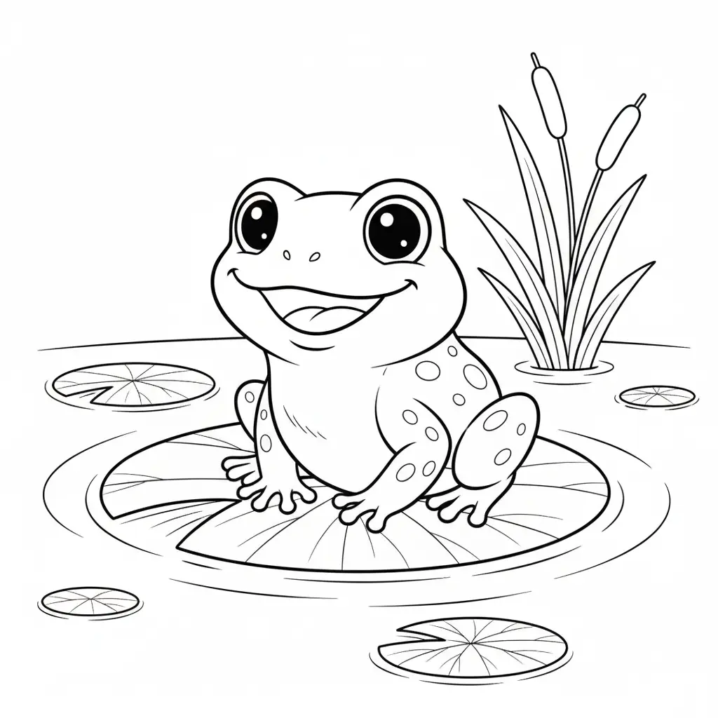 20+ Frosch Ausmalbilder (Kostenlos Malvorlage zum Ausdrucken) Ausmalbild eines lächelnden Frosches der fröhlich auf einem Lilienblatt sitzt perfekt zum Ausdrucken und Ausmalen für Kinder