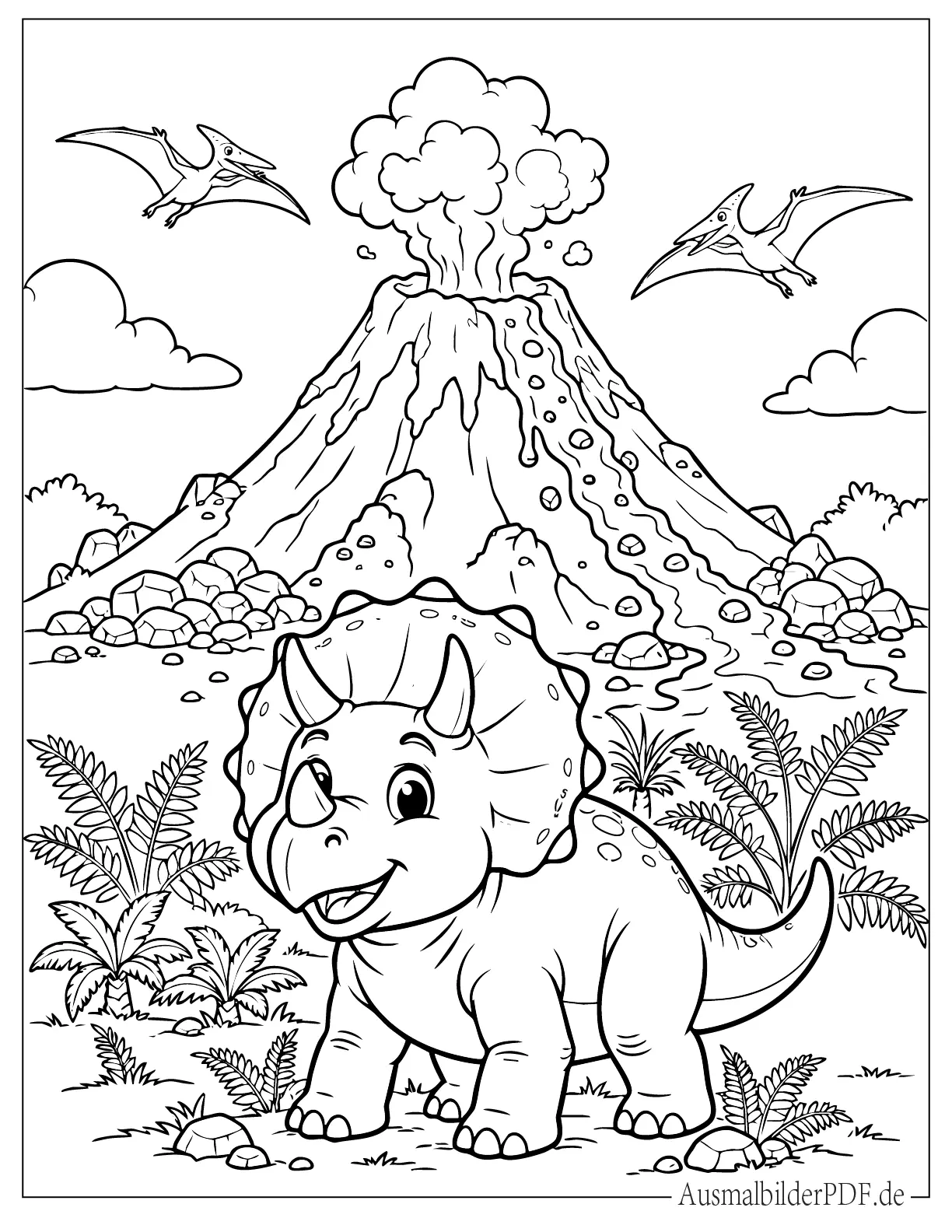 Lächelnder Triceratops steht in der Nähe eines Vulkans Malvorlage